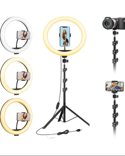 LED Ring Light with Adjustable Tripod Stand, 3 Lighting Modes for Makeup, TikTok, Reels, Video Shooting & Live Streaming | Foldable & Portable – Black