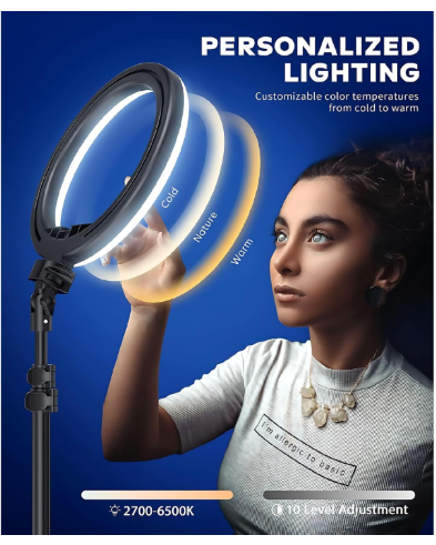 LED Ring Light with Adjustable Tripod Stand, 3 Lighting Modes for Makeup, TikTok, Reels, Video Shooting & Live Streaming | Foldable & Portable – Black